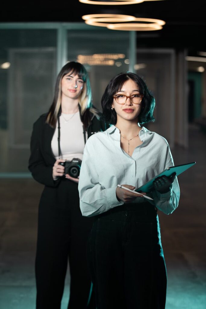 Kobiety w pracy, ilustrujące innowacyjność w standardach sieciowych.