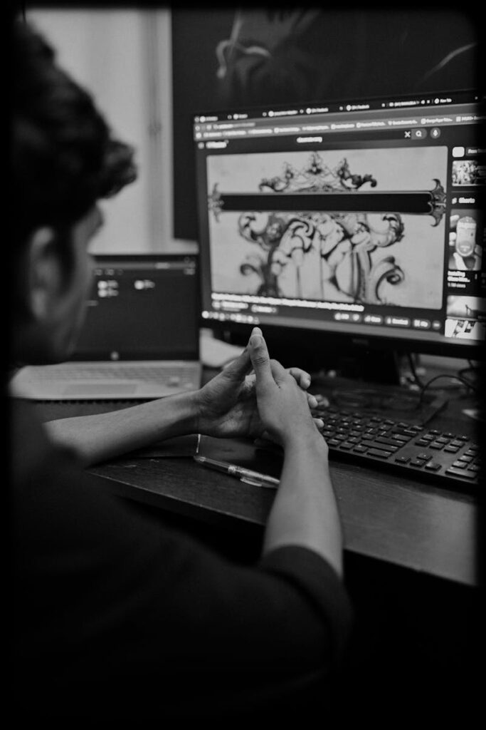 Osoba analizująca sztukę na ekranie, symbolizująca wpływ dowodu społecznego.